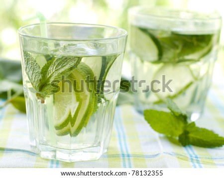 cold fresh lemonade drink with mint  and lemon close up. Selective focus