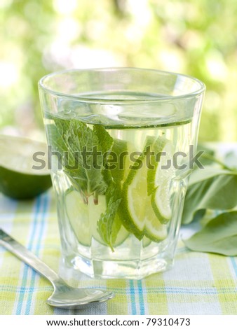 cold fresh lemonade drink with mint and lime close up. Selective focus