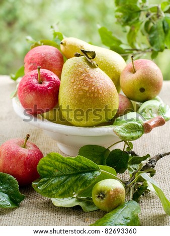 Fresh ripe pears and apples in bowl on natural  background. Selective focus