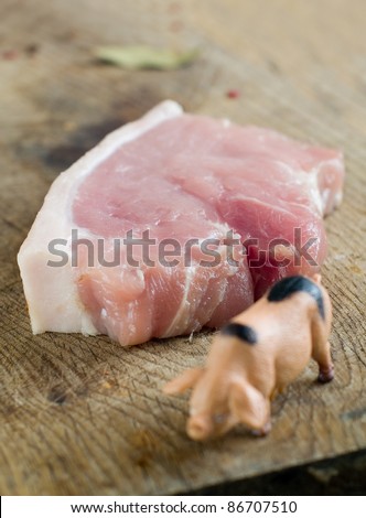 Raw pork steak on board with pig. Selective focus