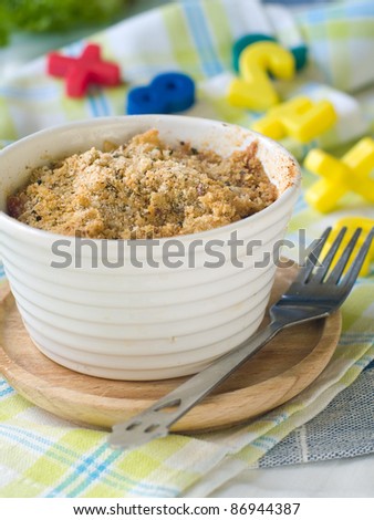 Baked macaroni and cheese in white bowl with  bread crumbs and cheese for children. Selective focus