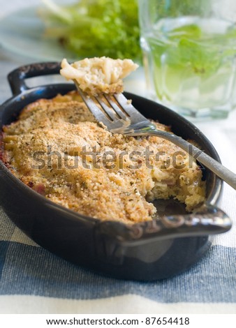 Baked macaroni and cheese in white bowl with  bread crumbs and cheese. Selective focus