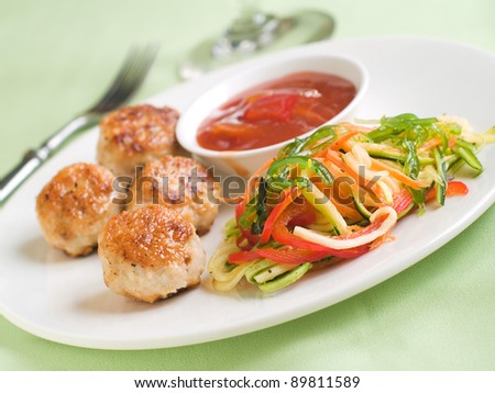 Minced meat ball with fresh vegetables spaghetti and sauce, selective focus