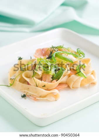 Pasta with smoked salmon, selective focus