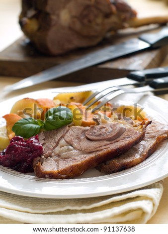 Lamb meat with potatoes and carrot, selective focus