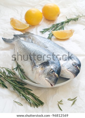 Fresh sea bream with lemon and rosemary, selective focus