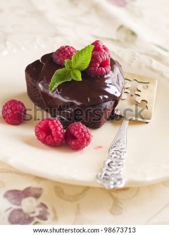 Beautiful chocolate cake with fresh raspberry. Selective focus