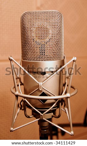 Microphone in a sound enclosure booth, close up