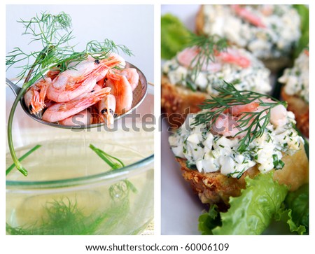 Healthy enrich sandwiches with shrimps, boiled eggs, green vegetables and herbs and boiled little shrimps with dill sprig on a skimmer - a collage, closeup, blur background