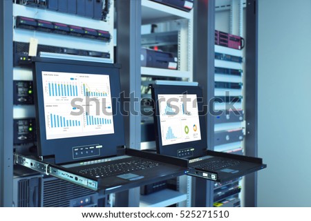 monitor show graph information of network traffic and status of device in server room data center