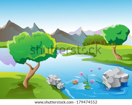 Vector landscape with mountain in background and a lake in foreground
