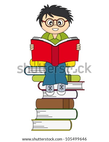 Boy Reading A Book. Drawing Isolated White Background Stock Vector 