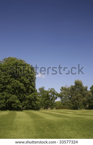 A freshly mowed lawn in an English country garden under a rich blue summer sky.