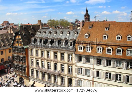Old buildings on the Cathedral square in downtown Strasbourg, Alsace, France