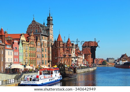 GDANSK, POLAND - JULY 27, 2012: Historic buildings on the bank of Motlawa river in downtown Gdansk