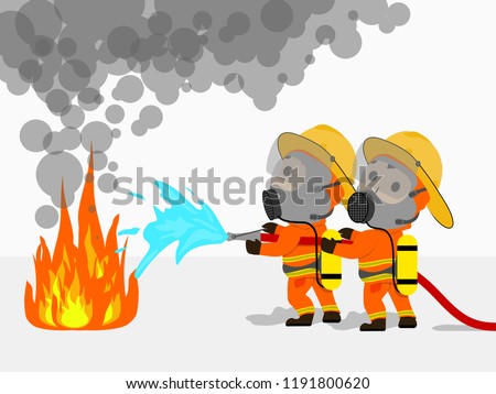 Visual cartoon at fireman in uniform two firefighters using extinguisher and water spray by high pressure nozzle from hose for fire fighting in operation to fire surround with smoke and drizzle set 1