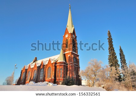 Mikkeli, Finland. Lutheran Cathedral before early winter sunset