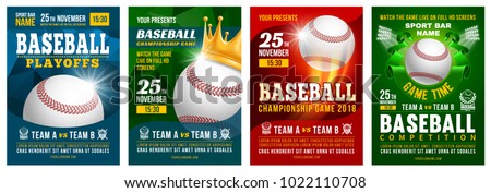 Set of baseball posters with baseball ball. Baseball competition game advertising. Sport event announcement. Place your text and emblems of participants. Vector illustration.
