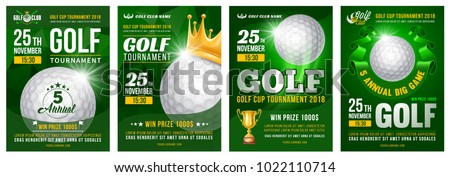 Set of golf posters with golf ball. Golf tournament advertising. Sport event announcement. Place your text and emblems of participants. Vector illustration.