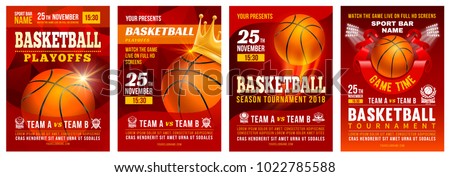 Set of basketball posters with basketball ball. Basketball Playoff advertising. Sport event announcement. Place your text and emblems of participants. Vector illustration.
