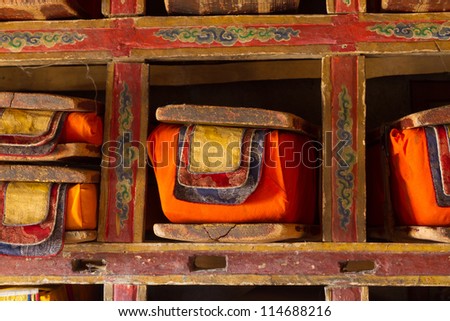 Sacred books. Library in Buddhist monastery.