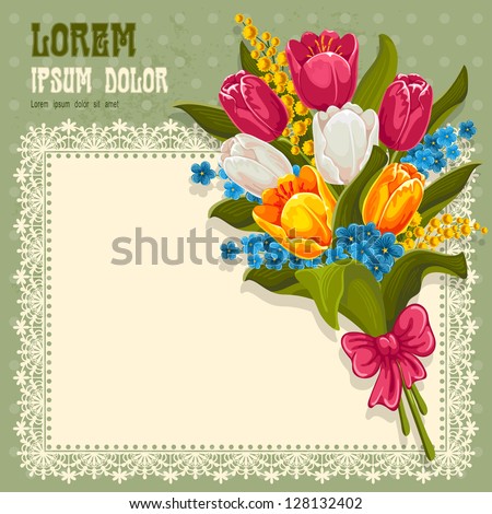 Vintage background with bouquet of spring flowers. Tulips, forget-me and mimosas.