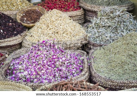 Dried herbs flowers and spices in the shop, Morocco, Africa