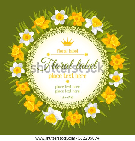 Beautiful wreath of spring flowers, yellow and white daffodils