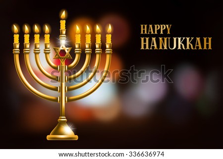 Elegant greeting card for Happy Hanukkah, jewish holiday. Hanukkah golden menorah with burning candles on blurred night background. Vector illustration.