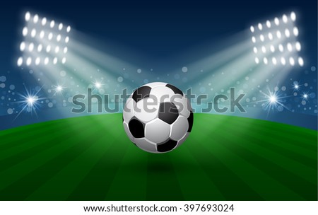 Football Sport Poster with Flying Soccer Ball in Spotlights on Stadium. Realistic Vector Illustration.