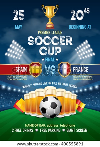 Poster with Soccer Ball and Beer on Stadium. Soccer Cup Advertising. Sport Event Announcement. Place Your Text and Emblem of Participants. Vector Illustration.
