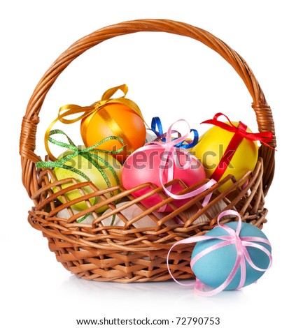 نهنىء أخوانا المسيحين بمناسبة عيد القيامة Stock-photo-easter-colored-eggs-in-the-basket-on-white-background-72790753