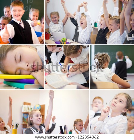 Collage of happy schoolchildren while lesson in school