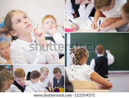 Collage of education of schoolchildren while lesson in classroom