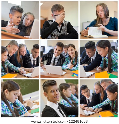 Collage of young students while examination high school