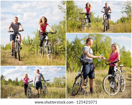 Modern lifestyle: sporty happy couple riding bicycles