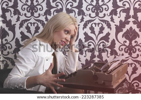 Nervous woman  book writer touching her  hair-stress concept. Retro style photo