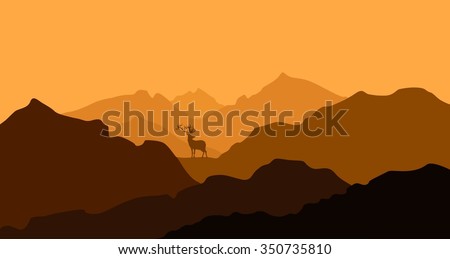 Autumn, mountain landscape, valley, aerial perspective - the deer away. The festive mood Golden palette, fall colors. Illustration.