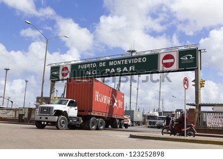 URUGUAY - SEPTEMBER 25: A loaded truck leaves Port on September 25, 2012 in Montevideo, Uruguay. It is one of the largest ports of South America and an important transit area for loads of Mercosur