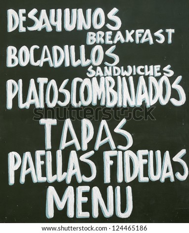 Typical spanish table of Tapas, Paellas, fideuas, Menu