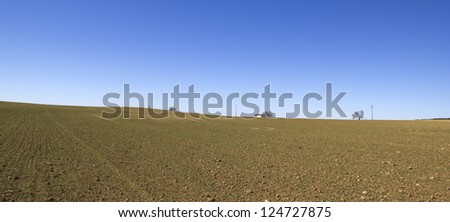Panorama of a field in Castilla la Mancha. Ground cereals. Spain. Mediterranean landscape.