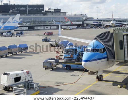 AMSTERDAM - OCT 6: KLM plane being loaded at Schiphol Airport on October 6, 2012 in Amsterdam, Netherlands. There are 163 destinations served by KLM, many are located in the Americas, Asia and Africa