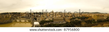 View of the city of Rome, Italy. Tiber river, Vittorio Emanuele bridge,Vatican City with Cupola of St. Peter\'s Basilica in the center.  Photomontage Large (8000 x 2000 px)