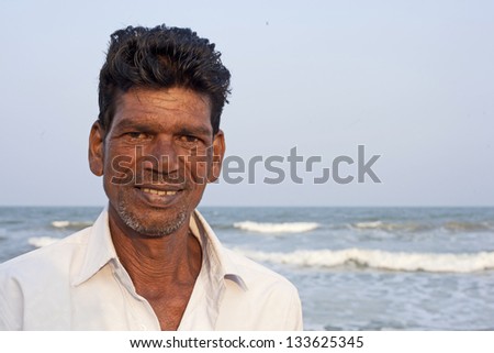 PONDICHERRY, SOUTH INDIA - January: Indian fisherman after fishing, his main work, during local Pongal Festival on January 18, 2013 in Pondicherry, Tamil Nadu, South India