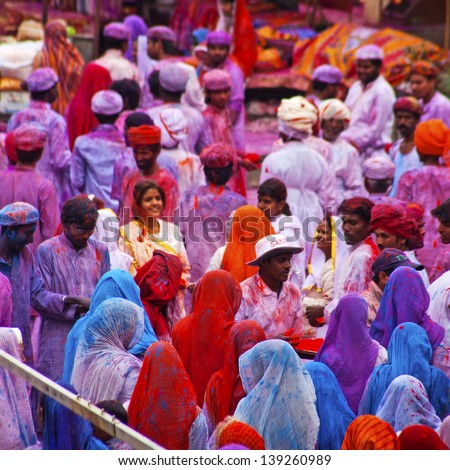 Jaipur, India - March 17: People Covered In Paint On Holi Festival, March 17, 2013, Jaipur, India. Holi, The Festival Of Colors, Marks The Arrival Of Spring, One Of The Biggest Festivals In India