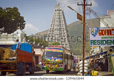 TIRUVANUMALAI, INDIA - JANUARY 15: Typical, colorful, decorated public transportation bus in Tiruvanamalai, Tamil Nadu, India, January 15, 2013.