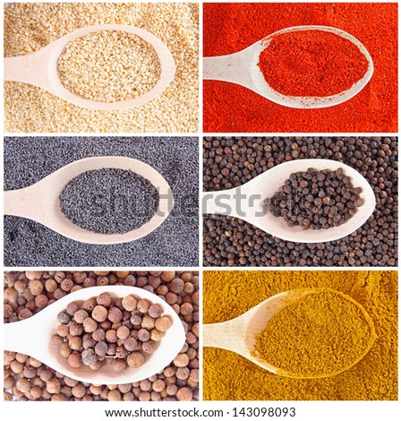 Set of spices heaps isolated on white background