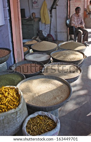 JAIPUR- NOVEMBER 22: An Indian shop with grain assortment taken November 22, 2012 in Jaipur, Rajasthan, India.