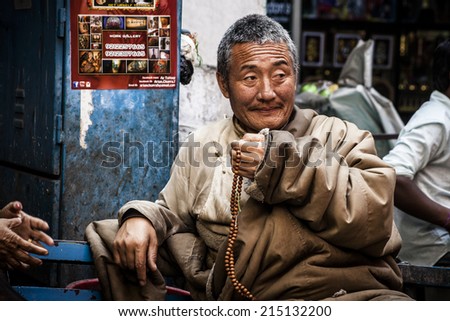 NEW DELHI, INDIA - 25 February : Tibetian religious man in Majnu-ka-tilla Tibet colony in Delhi during a protest by free Tibet February 25, 2014 in New Delhi, India.