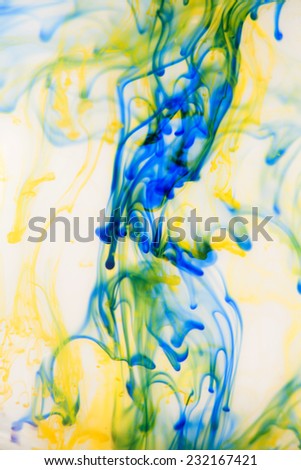 Blue and yellow liquid in water making abstract forms